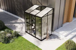 Outlet Verde Comfort Anlehn-Gewächshaus, schwarzer Rahmen, Aluminium/Polycarbonat, 160 x 105 x 190 cm, UV-beständig, pulverbeschichtet, mit Schiebetür Gewächshaus|Aluminium-Gartenmöbel