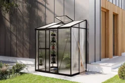 Outlet Verde Comfort Anlehn-Gewächshaus, schwarzer Rahmen, Aluminium/Polycarbonat, 160 x 105 x 190 cm, UV-beständig, pulverbeschichtet, mit Schiebetür Gewächshaus|Aluminium-Gartenmöbel