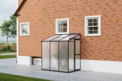 Clearance Verde Comfort Anlehn-Gewächshaus, schwarzer Rahmen, Aluminium pulverbeschichtet mit 4 mm Polycarbonatplatten, 192 x 125 x 210 cm, UV-beständig, mit Schiebetür und Belüftungsfenster Gewächshaus|Aluminium-Gartenmöbel