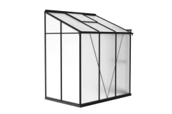 Clearance Verde Comfort Anlehn-Gewächshaus, schwarzer Rahmen, Aluminium pulverbeschichtet mit 4 mm Polycarbonatplatten, 192 x 125 x 210 cm, UV-beständig, mit Schiebetür und Belüftungsfenster Gewächshaus|Aluminium-Gartenmöbel