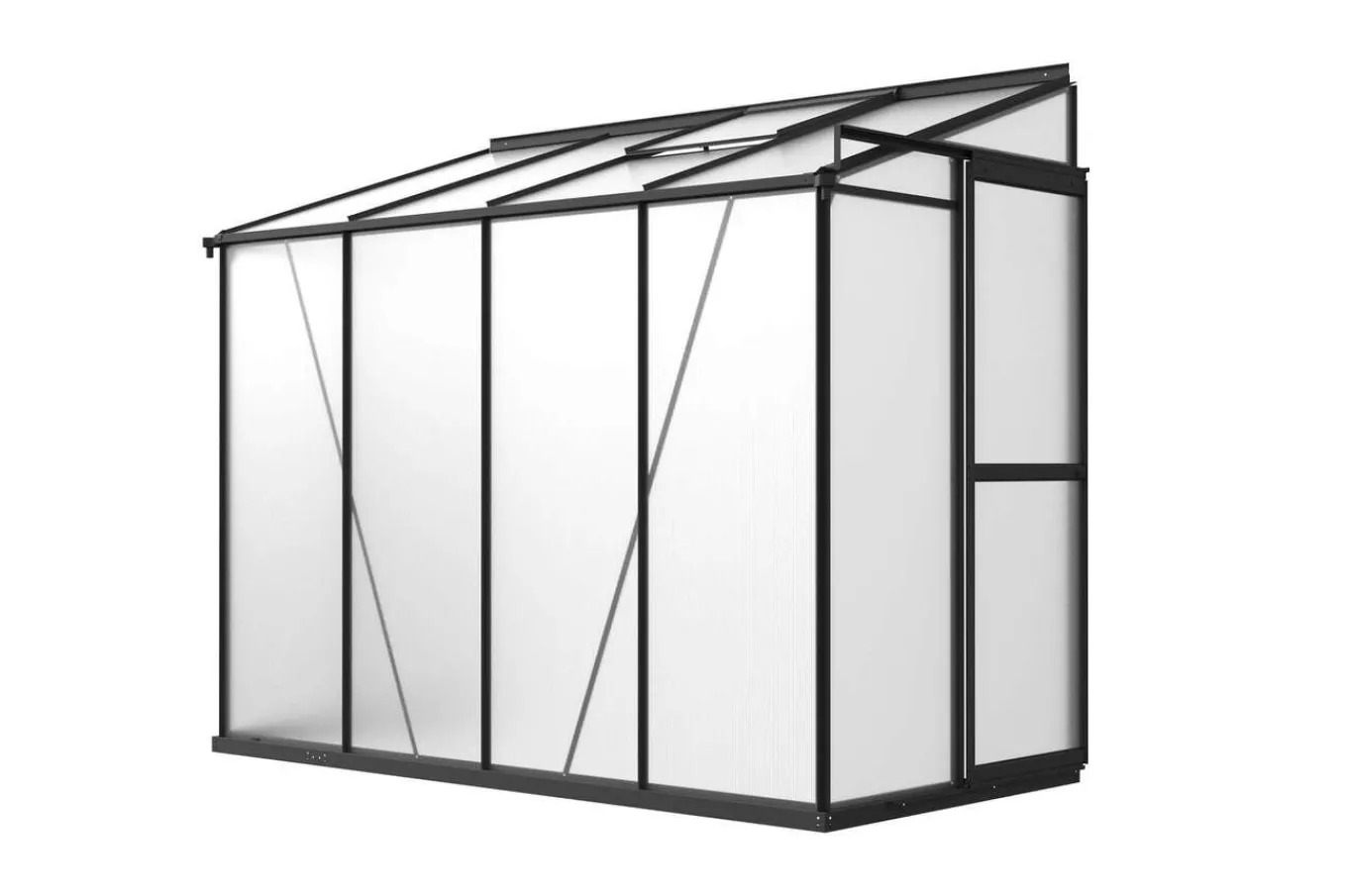 Clearance Verde Comfort Anlehn-Gewächshaus, schwarzer Rahmen, Aluminium/Polycarbonat, 265 x 125 x 210 cm, pulverbeschichtet, UV-Schutz, Schiebetür Gewächshaus|Aluminium-Gartenmöbel
