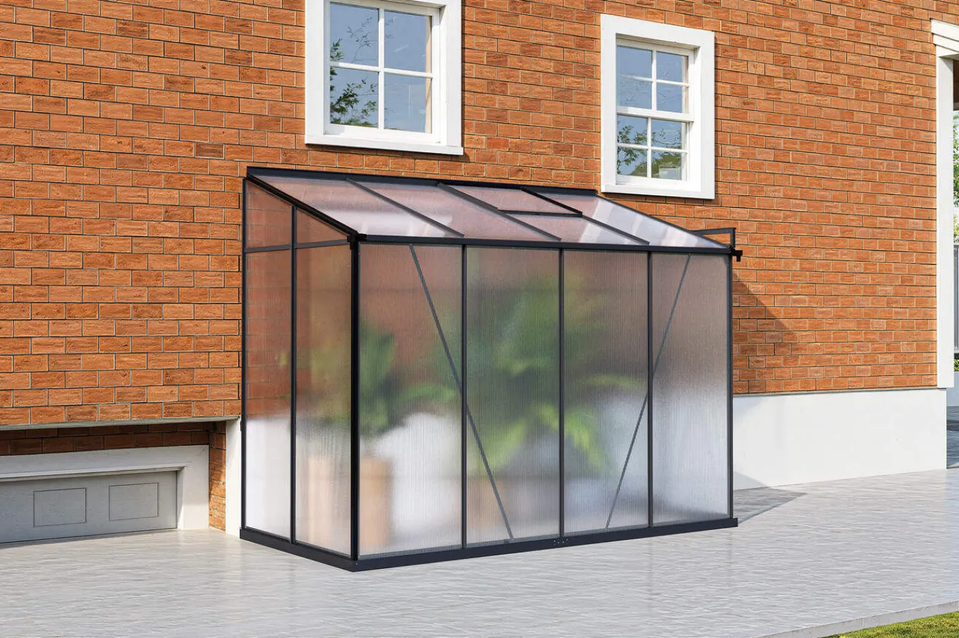 Clearance Verde Comfort Anlehn-Gewächshaus, schwarzer Rahmen, Aluminium/Polycarbonat, 265 x 125 x 210 cm, pulverbeschichtet, UV-Schutz, Schiebetür Gewächshaus|Aluminium-Gartenmöbel