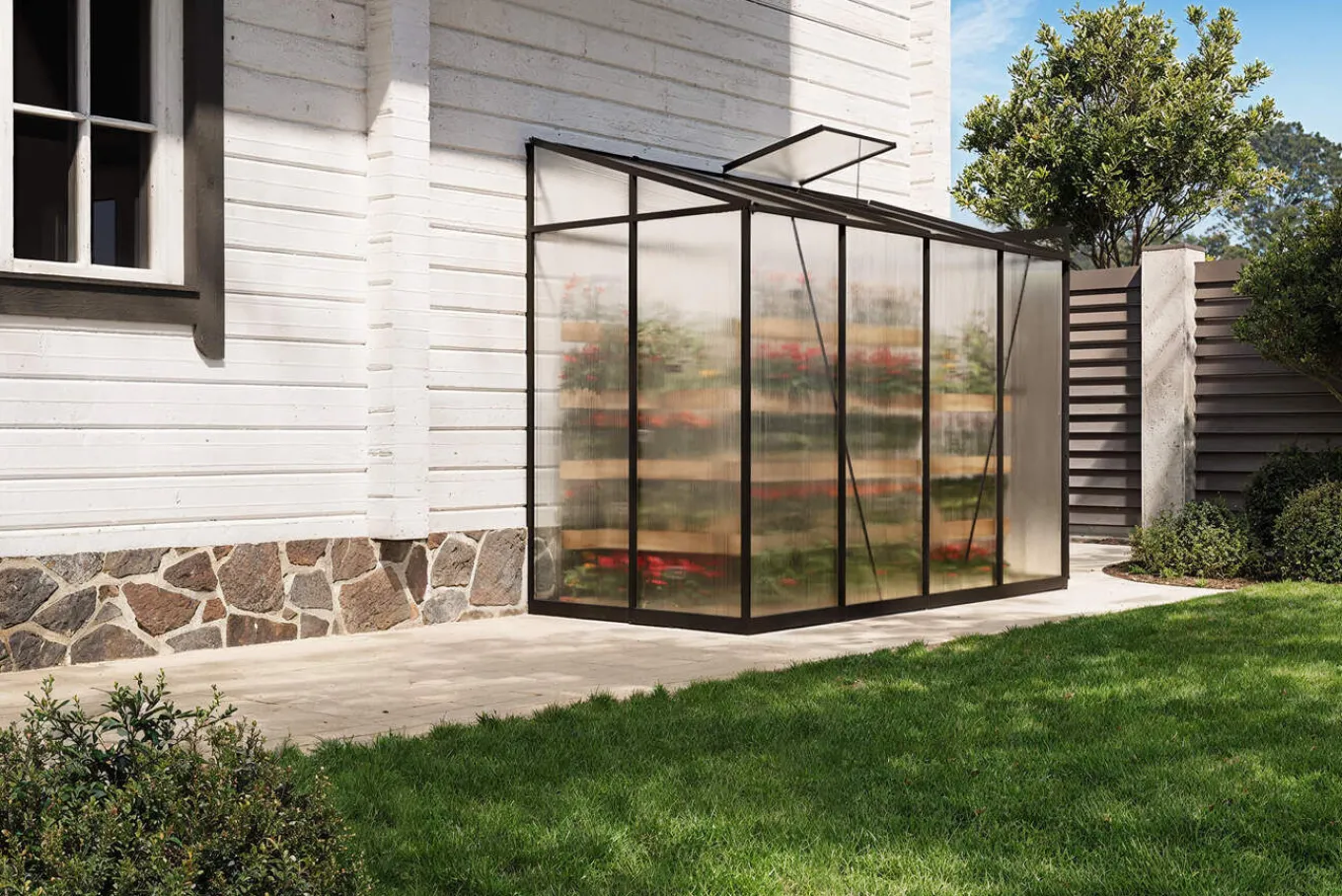 Clearance Verde Comfort Anlehn-Gewächshaus, schwarzer Rahmen, Aluminium/Polycarbonat, 265 x 125 x 210 cm, pulverbeschichtet, UV-Schutz, Schiebetür Gewächshaus|Aluminium-Gartenmöbel