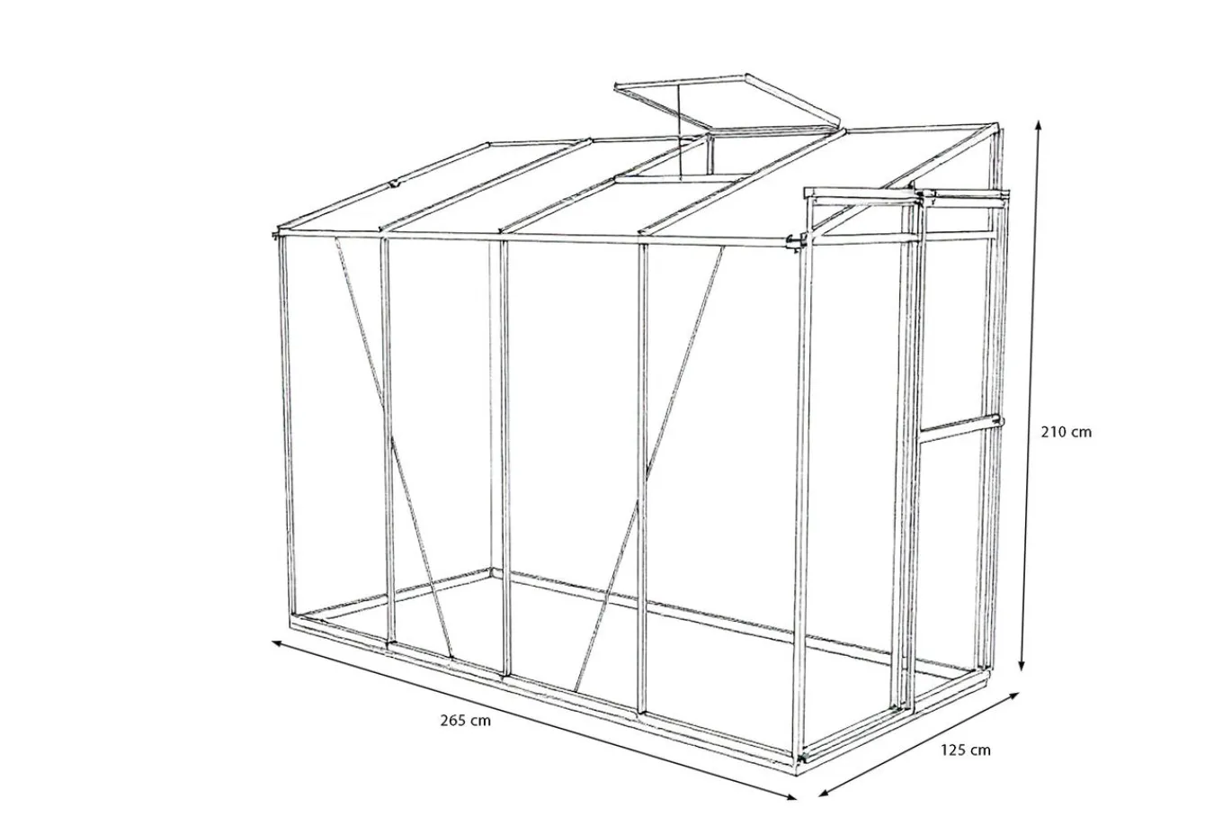 Clearance Verde Comfort Anlehn-Gewächshaus, schwarzer Rahmen, Aluminium/Polycarbonat, 265 x 125 x 210 cm, pulverbeschichtet, UV-Schutz, Schiebetür Gewächshaus|Aluminium-Gartenmöbel