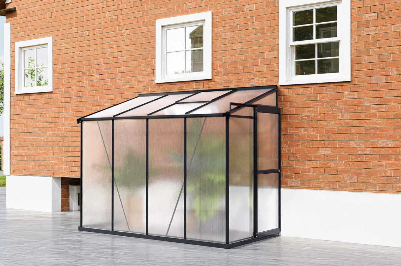 Clearance Verde Comfort Anlehn-Gewächshaus, schwarzer Rahmen, Aluminium/Polycarbonat, 265 x 125 x 210 cm, pulverbeschichtet, UV-Schutz, Schiebetür Gewächshaus|Aluminium-Gartenmöbel