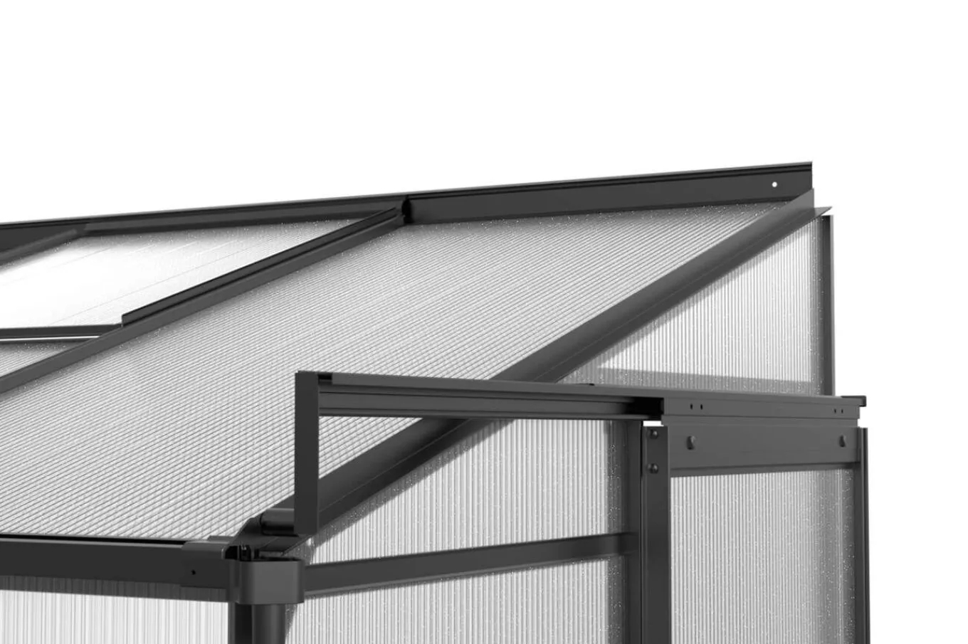 Clearance Verde Comfort Anlehn-Gewächshaus, schwarzer Rahmen, Aluminium/Polycarbonat, 265 x 125 x 210 cm, pulverbeschichtet, UV-Schutz, Schiebetür Gewächshaus|Aluminium-Gartenmöbel