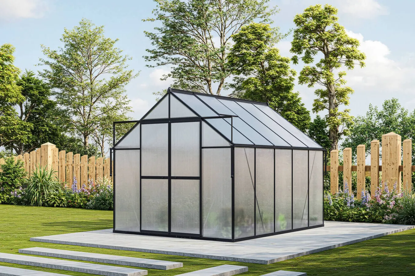 Clearance Verde Premium Gewächshaus, schwarzer Rahmen, Aluminium/Polycarbonat, 310 x 244 x 230 cm, pulverbeschichtet, UV-geschützt, mit Schiebetür und 2 Fenstern Gewächshaus|Aluminium-Gartenmöbel
