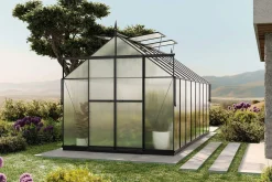 Discount Verde Premium Gewächshaus, schwarzer Rahmen, Aluminium pulverbeschichtet mit Polycarbonat 6 mm und Stahlrahmen, 486 x 243 x 240 cm, 4 Fenster, Schiebetür Gewächshaus|Aluminium-Gartenmöbel