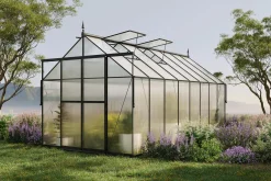 Discount Verde Premium Gewächshaus, schwarzer Rahmen, Aluminium pulverbeschichtet mit Polycarbonat 6 mm und Stahlrahmen, 486 x 243 x 240 cm, 4 Fenster, Schiebetür Gewächshaus|Aluminium-Gartenmöbel