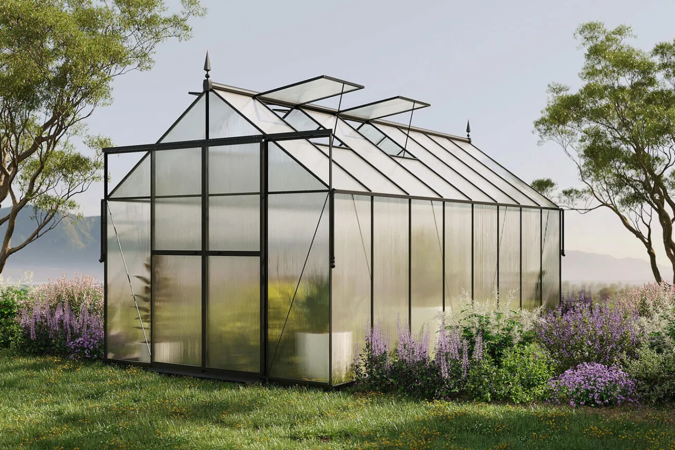 Discount Verde Premium Gewächshaus, schwarzer Rahmen, Aluminium pulverbeschichtet mit Polycarbonat 6 mm und Stahlrahmen, 486 x 243 x 240 cm, 4 Fenster, Schiebetür Gewächshaus|Aluminium-Gartenmöbel