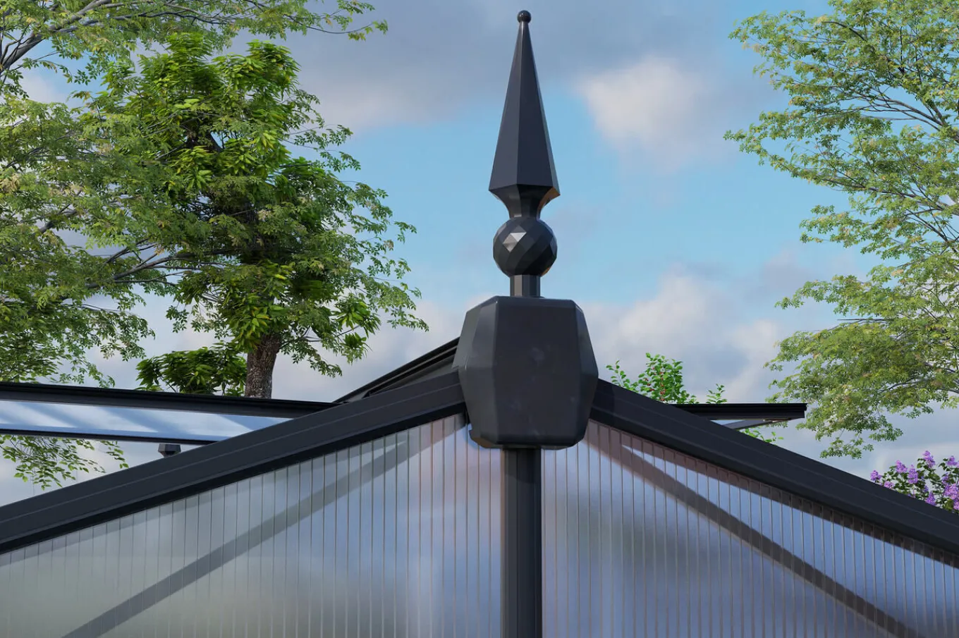 Discount Verde Premium Gewächshaus, schwarzer Rahmen, Aluminium pulverbeschichtet mit Polycarbonat 6 mm und Stahlrahmen, 486 x 243 x 240 cm, 4 Fenster, Schiebetür Gewächshaus|Aluminium-Gartenmöbel