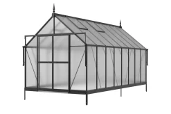 Discount Verde Premium Gewächshaus, schwarzer Rahmen, Aluminium pulverbeschichtet mit Polycarbonat 6 mm und Stahlrahmen, 486 x 243 x 240 cm, 4 Fenster, Schiebetür Gewächshaus|Aluminium-Gartenmöbel