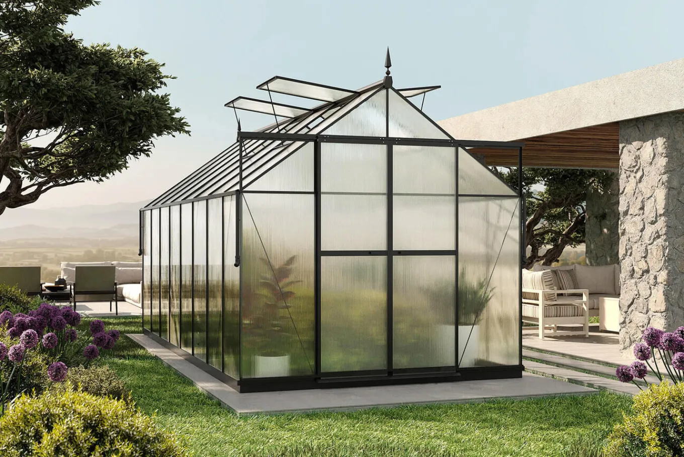 Discount Verde Premium Gewächshaus, schwarzer Rahmen, Aluminium pulverbeschichtet mit Polycarbonat 6 mm und Stahlrahmen, 486 x 243 x 240 cm, 4 Fenster, Schiebetür Gewächshaus|Aluminium-Gartenmöbel