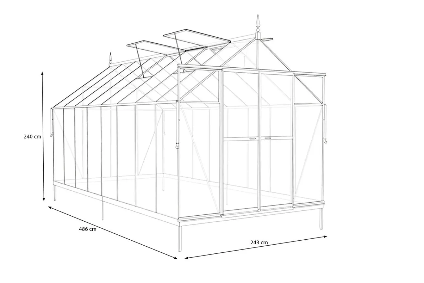 Discount Verde Premium Gewächshaus, schwarzer Rahmen, Aluminium pulverbeschichtet mit Polycarbonat 6 mm und Stahlrahmen, 486 x 243 x 240 cm, 4 Fenster, Schiebetür Gewächshaus|Aluminium-Gartenmöbel