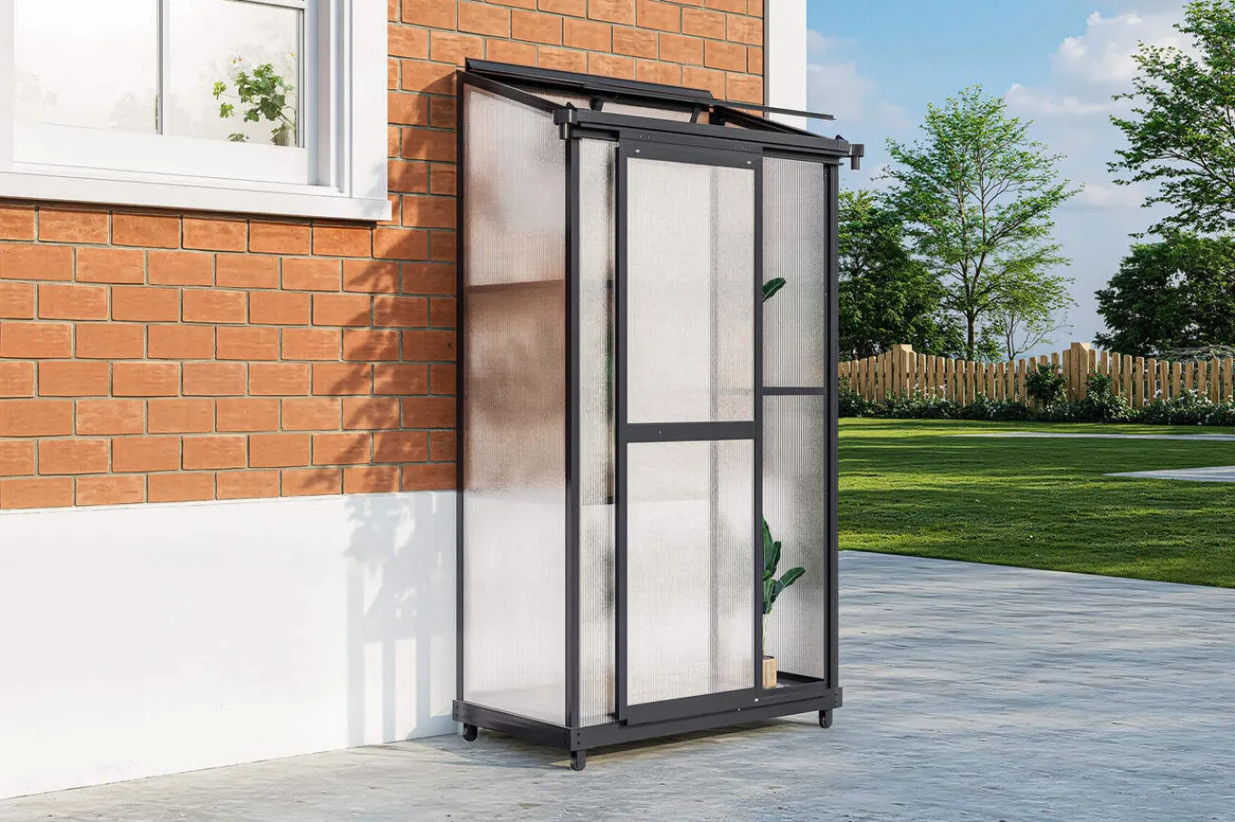 Verde Smart Balkon-Gewächshaus, schwarzer Rahmen, Aluminium/Polycarbonat, 91 x 51 x 166 cm, UV-beständig, pulverbeschichtet, mit Tür und Regalböden Gewächshaus|Aluminium-Gartenmöbel