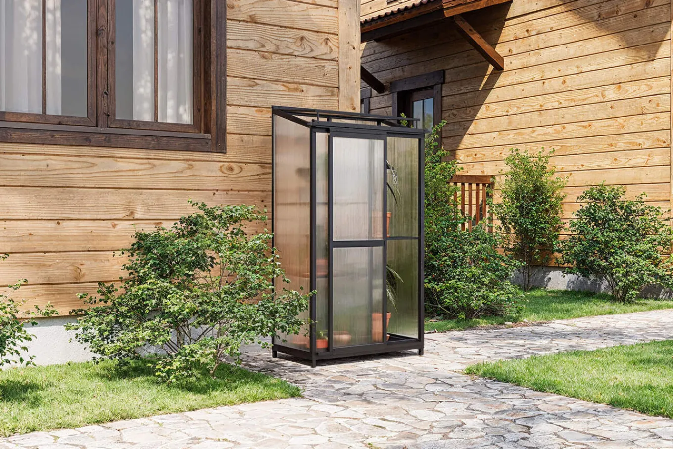 Verde Smart Balkon-Gewächshaus, schwarzer Rahmen, Aluminium/Polycarbonat, 91 x 51 x 166 cm, UV-beständig, pulverbeschichtet, mit Tür und Regalböden Gewächshaus|Aluminium-Gartenmöbel