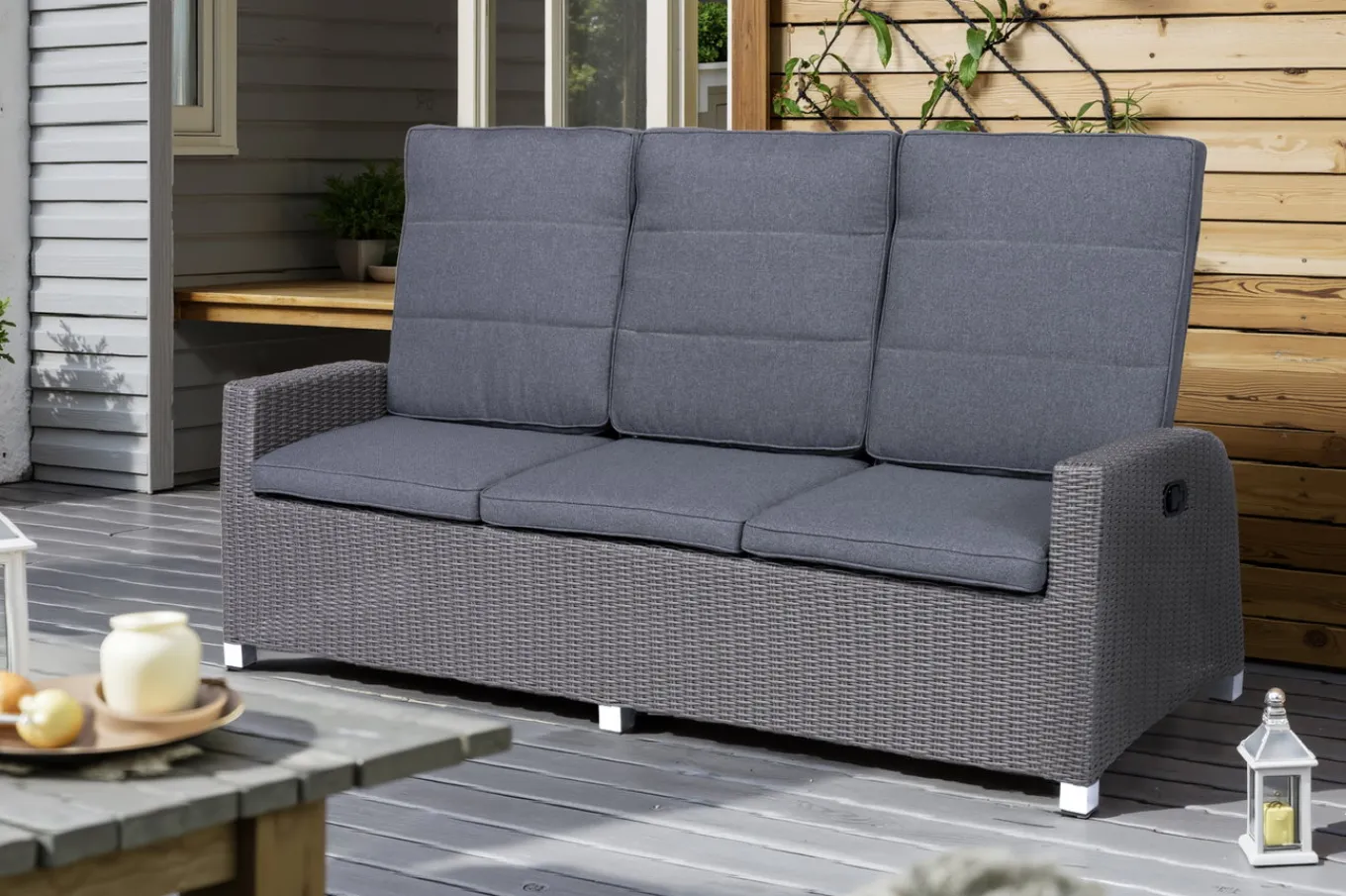 Online Vigo Comfort 3-Sitzer Speise-/Lounge-Sofa, stahlgrau-meliert, Polyrattan, 210x84x110cm, verstellbar Polyrattan-Gartenmöbel|Aluminium-Gartenmöbel