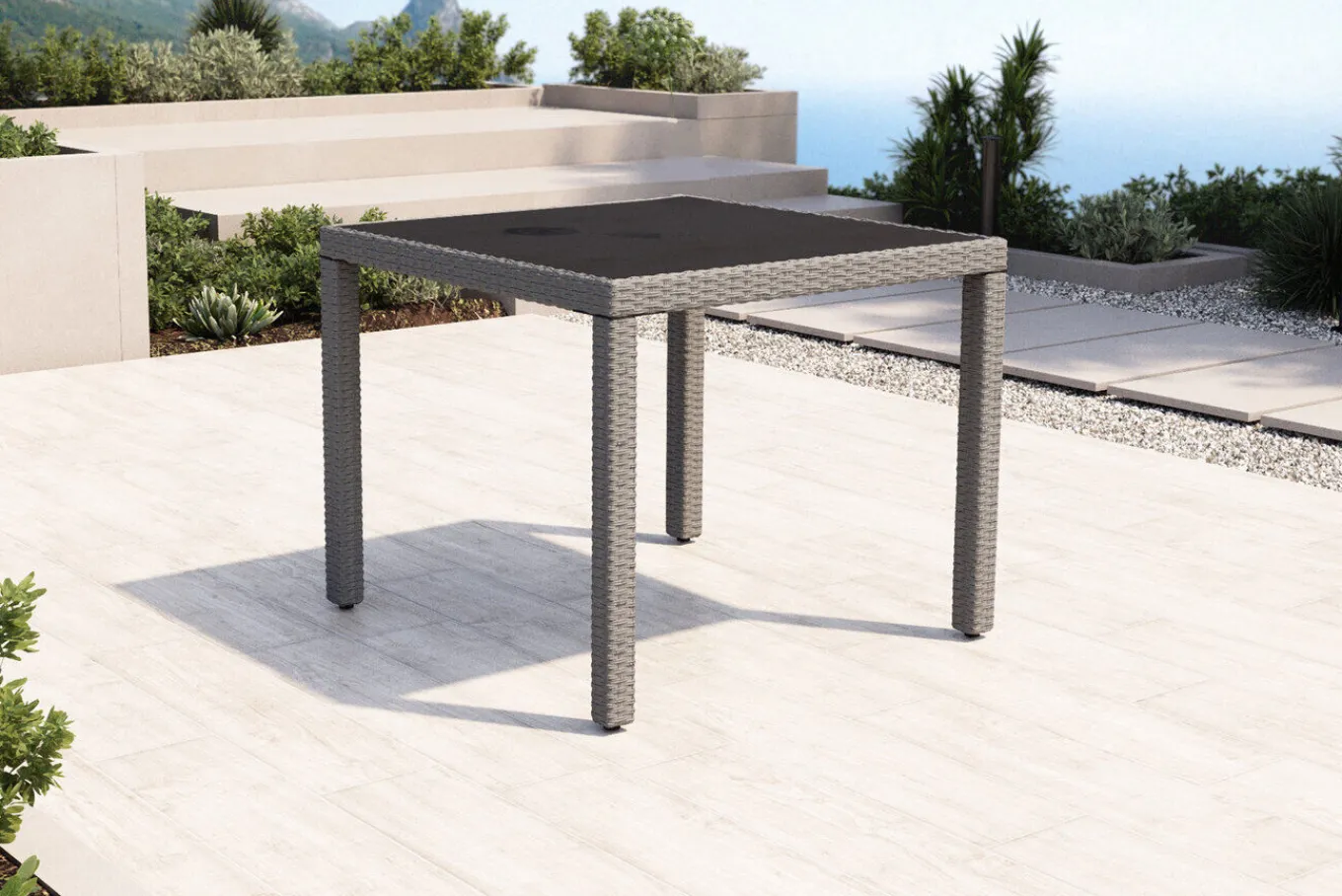 Sale Vigo Garten-Essgruppe, stahlgrau-meliert, Alu/Polyrattan, Tisch 90 x 90 cm, 2 Stühle, Polster inklusive, pulverbeschichtet Balkonmöbel-Set|Aluminium-Gartenmöbel