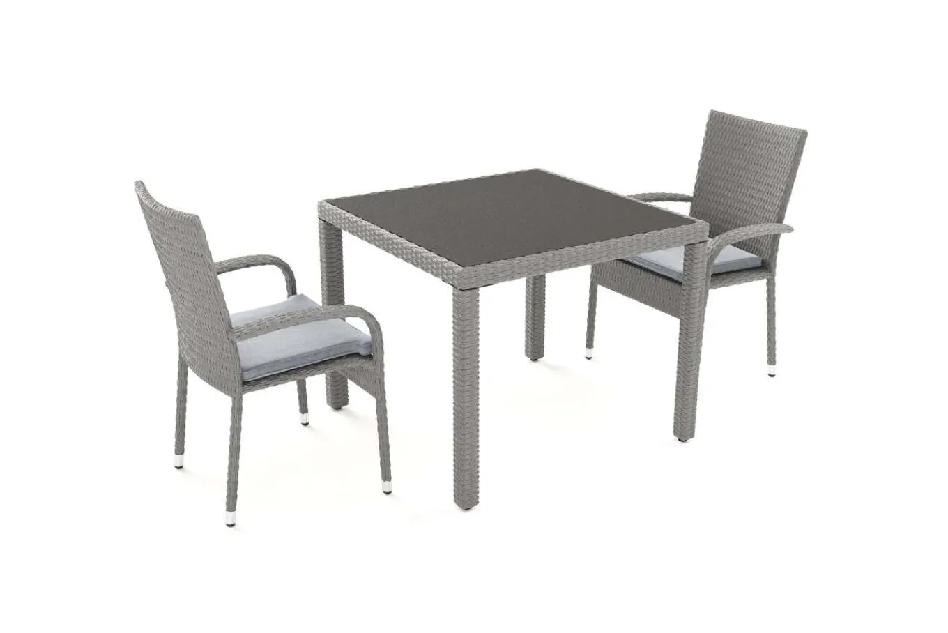 Sale Vigo Garten-Essgruppe, stahlgrau-meliert, Alu/Polyrattan, Tisch 90 x 90 cm, 2 Stühle, Polster inklusive, pulverbeschichtet Balkonmöbel-Set|Aluminium-Gartenmöbel