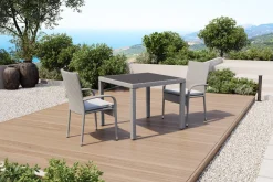 Sale Vigo Garten-Essgruppe, stahlgrau-meliert, Alu/Polyrattan, Tisch 90 x 90 cm, 2 Stühle, Polster inklusive, pulverbeschichtet Balkonmöbel-Set|Aluminium-Gartenmöbel
