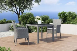 Hot Vigo Garten-Essgruppe, stahlgrau-meliert/grau, Alu/Polyrattan/Glas, Tisch 90 x 90 cm, 2 Sessel, Polster Inklusive, Pulverbeschichtet Balkonmöbel-Set|Aluminium-Gartenmöbel
