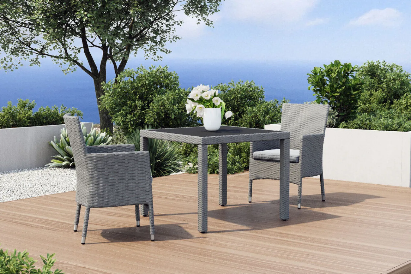 Hot Vigo Garten-Essgruppe, stahlgrau-meliert/grau, Alu/Polyrattan/Glas, Tisch 90 x 90 cm, 2 Sessel, Polster Inklusive, Pulverbeschichtet Balkonmöbel-Set|Aluminium-Gartenmöbel