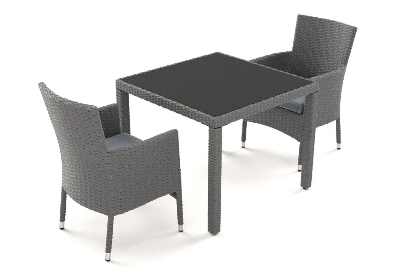 Hot Vigo Garten-Essgruppe, stahlgrau-meliert/grau, Alu/Polyrattan/Glas, Tisch 90 x 90 cm, 2 Sessel, Polster Inklusive, Pulverbeschichtet Balkonmöbel-Set|Aluminium-Gartenmöbel