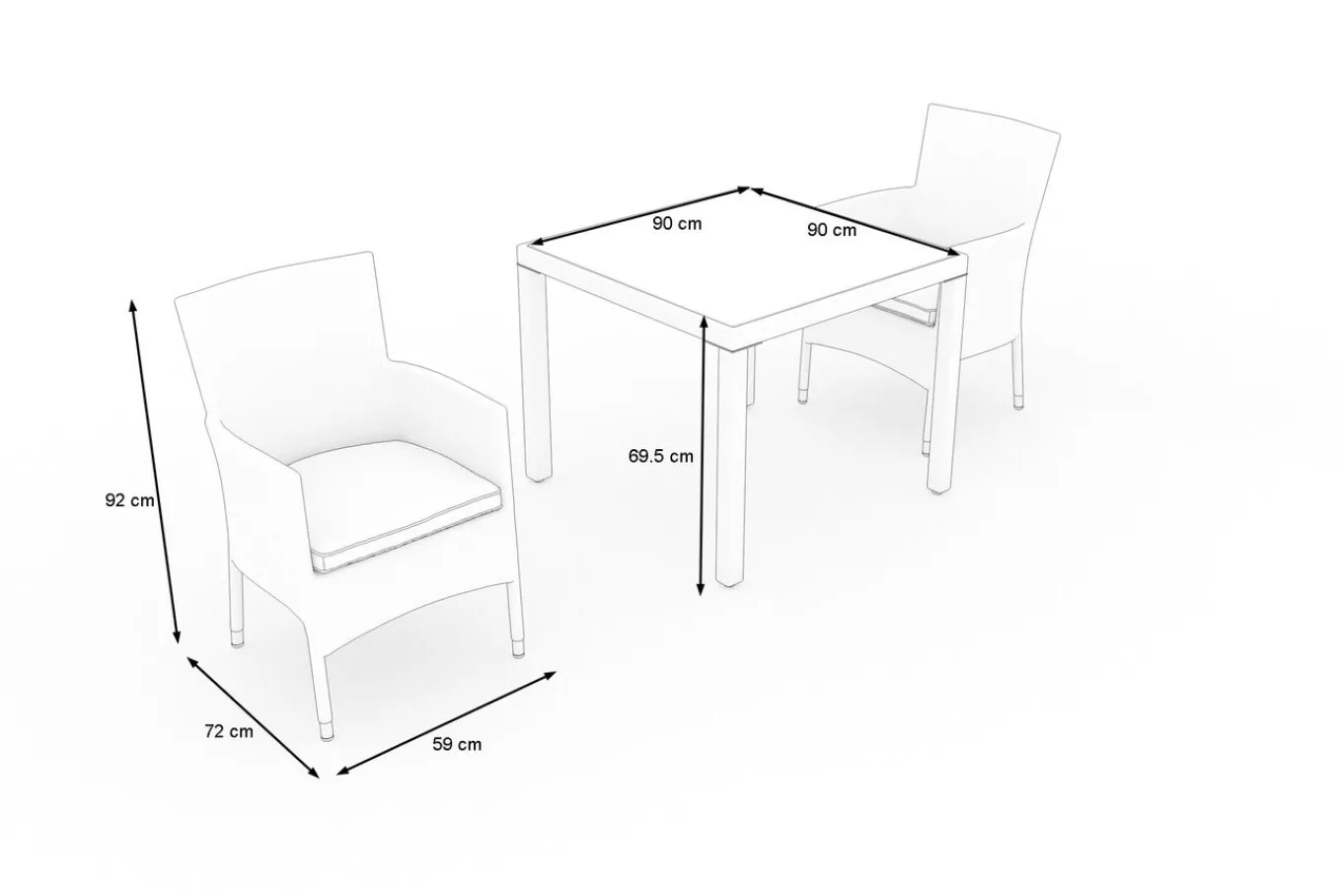 Hot Vigo Garten-Essgruppe, stahlgrau-meliert/grau, Alu/Polyrattan/Glas, Tisch 90 x 90 cm, 2 Sessel, Polster Inklusive, Pulverbeschichtet Balkonmöbel-Set|Aluminium-Gartenmöbel