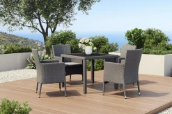 Best Vigo Garten-Essgruppe, stahlgrau-meliert/grau, Alu/Polyrattan/Polyester, Tisch 90 x 90 cm, 4 Sessel Aluminium-Gartenmöbel