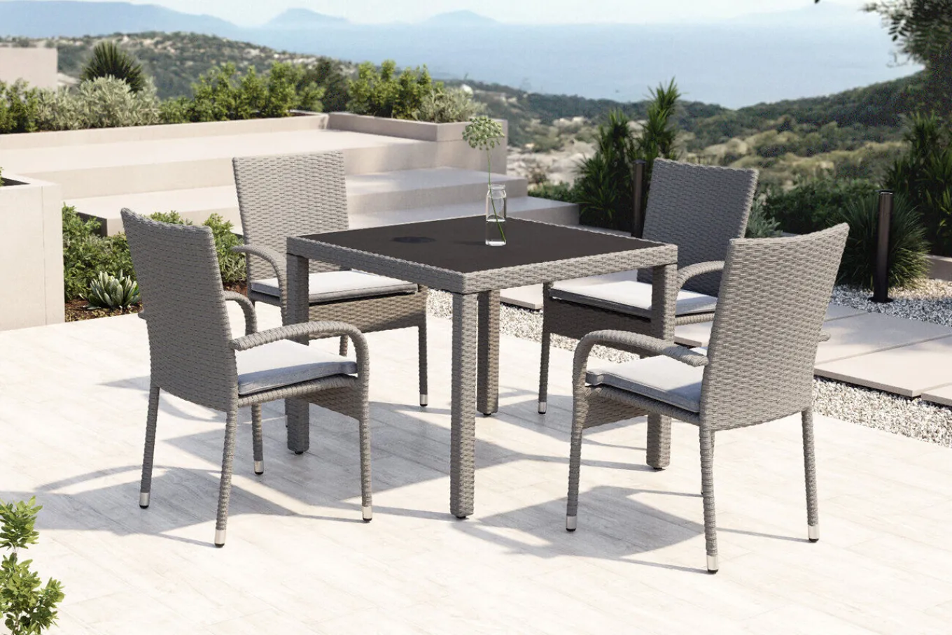 Online Vigo Garten-Essgruppe, stahlgrau-meliert, Alu/Polyrattan, Tisch 90 x 90 cm, 4 Stühle, Polster inklusive, pulverbeschichtet Garten-Essgruppen|Aluminium-Gartenmöbel