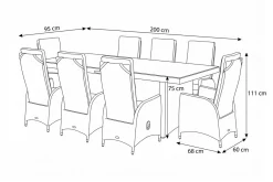 Vigo Garten-Essgruppe, grau/schiefergrau, Aluminium/Polyrattan/Glas, 200 x 95 cm, 8 Sessel, verstellbare Rückenlehne Polyrattan-Gartenmöbel|Garten-Essgruppen