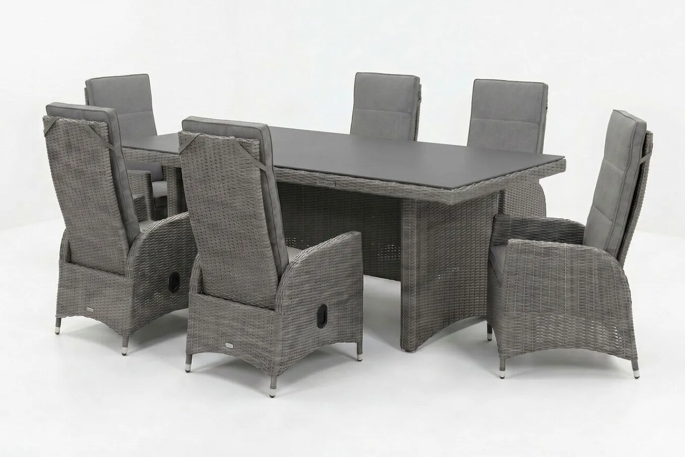 Outlet Vigo Garten-Essgruppe, grau/schiefergrau, Aluminium/Polyrattan/Glas, 200 x 95 cm, 6 verstellbare Sessel Polyrattan-Gartenmöbel|Garten-Essgruppen