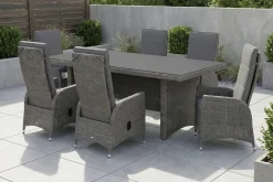 Outlet Vigo Garten-Essgruppe, grau/schiefergrau, Aluminium/Polyrattan/Glas, 200 x 95 cm, 6 verstellbare Sessel Polyrattan-Gartenmöbel|Garten-Essgruppen