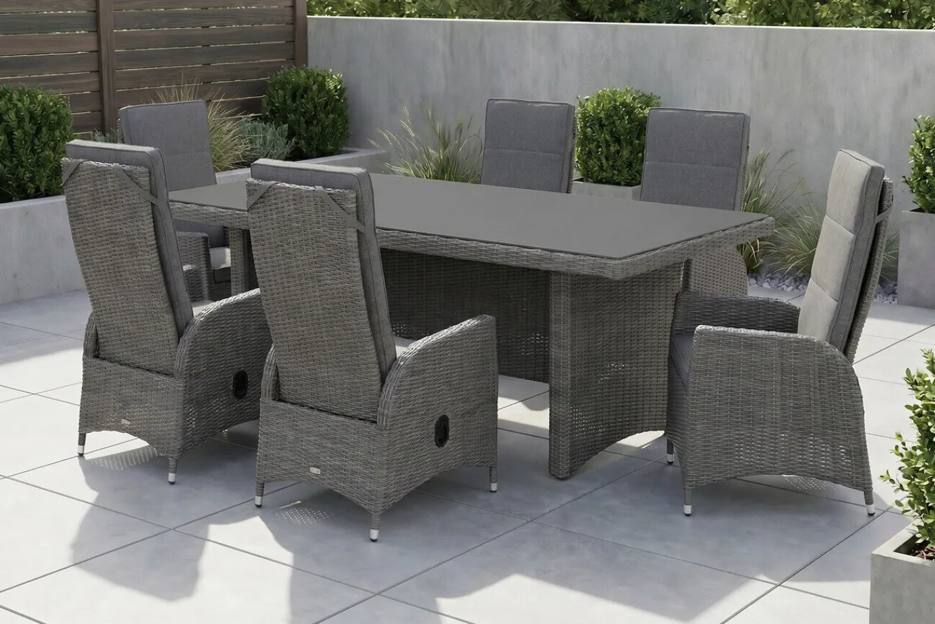 Outlet Vigo Garten-Essgruppe, grau/schiefergrau, Aluminium/Polyrattan/Glas, 200 x 95 cm, 6 verstellbare Sessel Polyrattan-Gartenmöbel|Garten-Essgruppen