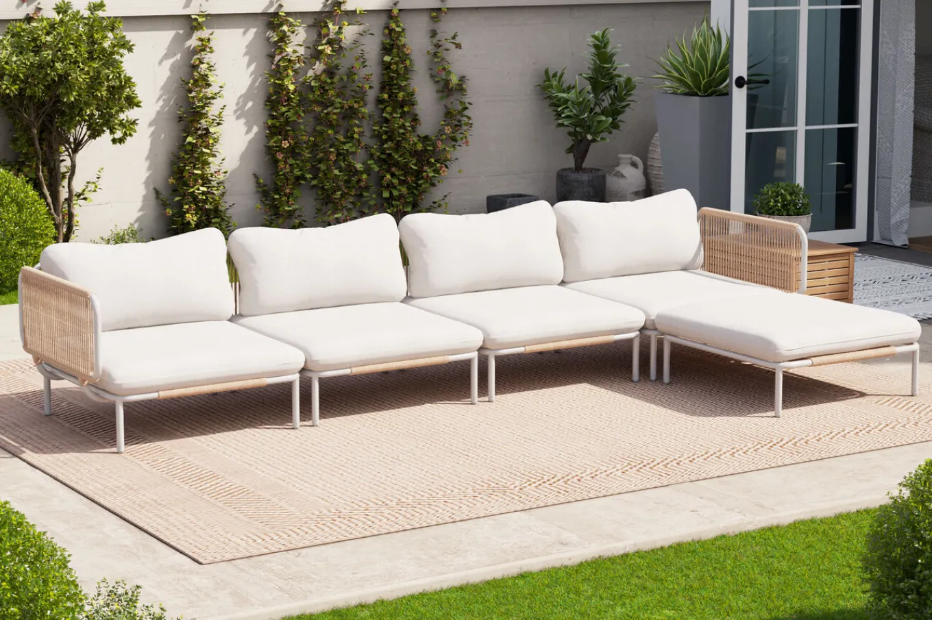 Discount Visby Gartenlounge 5-teilig, creme/weiß, Alu/Stahl, inkl. Polster & Ottomane,elektrophoretisch beschichtet Gartenlounge|Edelstahl-Gartenmöbel