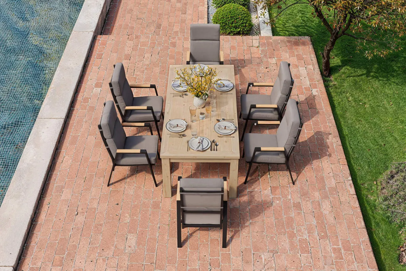 Hot Zadar Garten-Essgruppe, anthrazit/natur, Teak/Aluminium/Polyester, Tisch 200 x 100 cm, inkl. 6 Sessel Garten-Essgruppen|Aluminium-Gartenmöbel