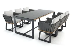 Best Aurora Garten-Essgruppe mit 6 Sesseln, anthrazit/pale silver, Alu/Polyester/Rope, 200 x 100 cm, Steindekor, inkl. Polster Garten-Essgruppen