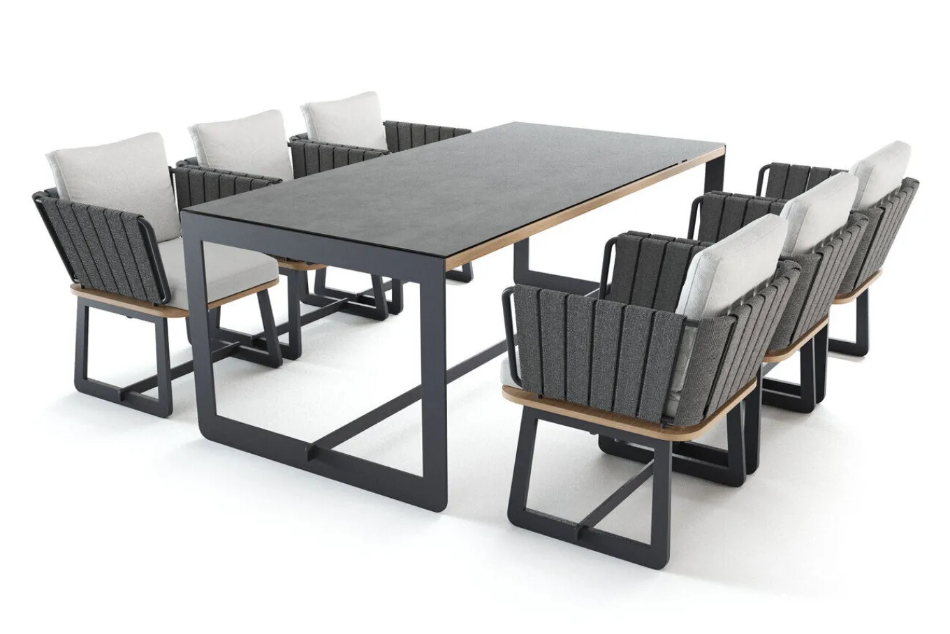 Best Aurora Garten-Essgruppe mit 6 Sesseln, anthrazit/pale silver, Alu/Polyester/Rope, 200 x 100 cm, Steindekor, inkl. Polster Garten-Essgruppen