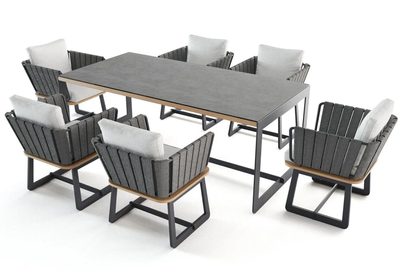 Best Aurora Garten-Essgruppe mit 6 Sesseln, anthrazit/pale silver, Alu/Polyester/Rope, 200 x 100 cm, Steindekor, inkl. Polster Garten-Essgruppen