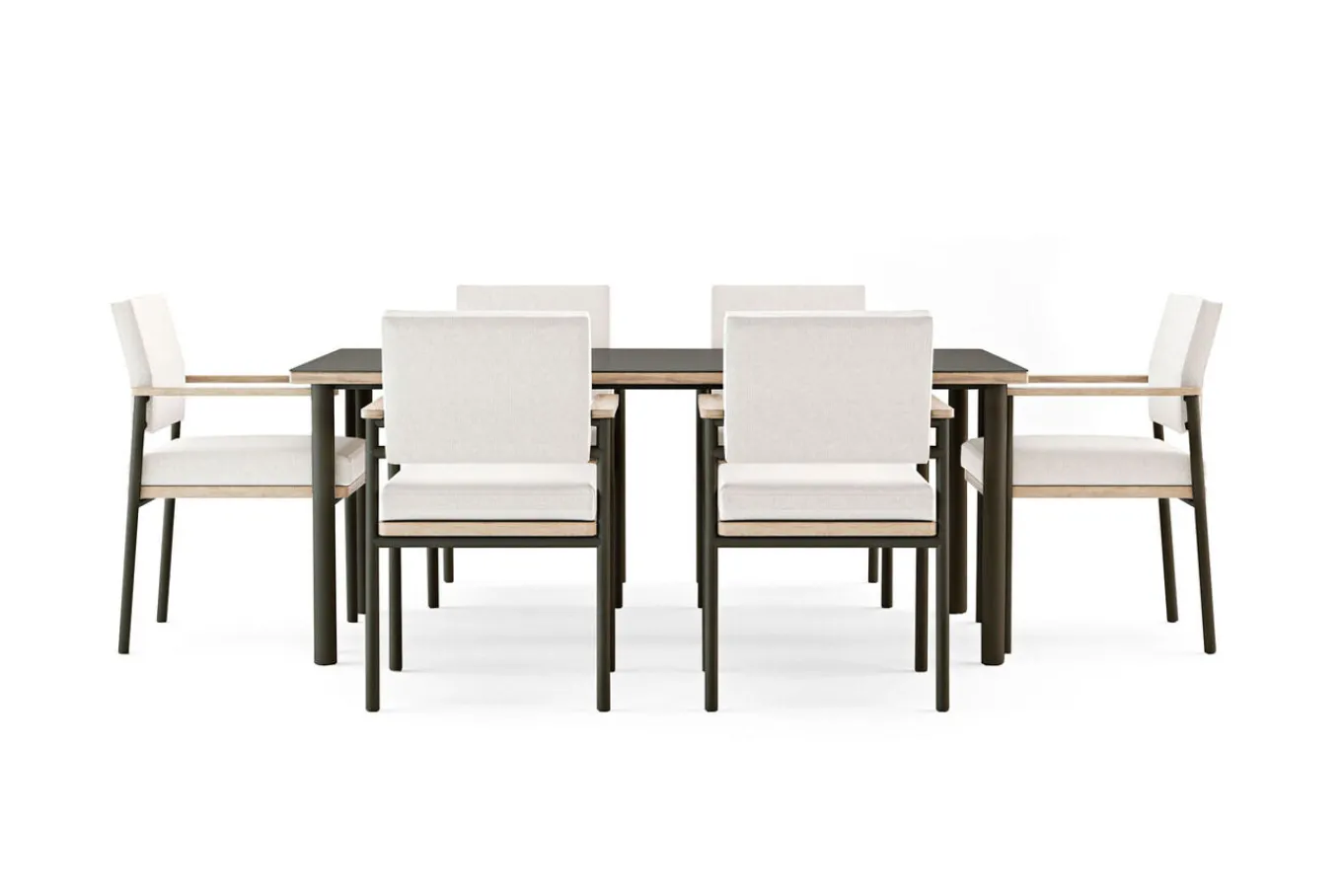 Online Lunare Garten-Essgruppe, cashmere sand/anthrazit, Alu/Holzdekor/Glas, 180 x 100 cm, 6 Sessel, Quick Dry Foam Garten-Essgruppen