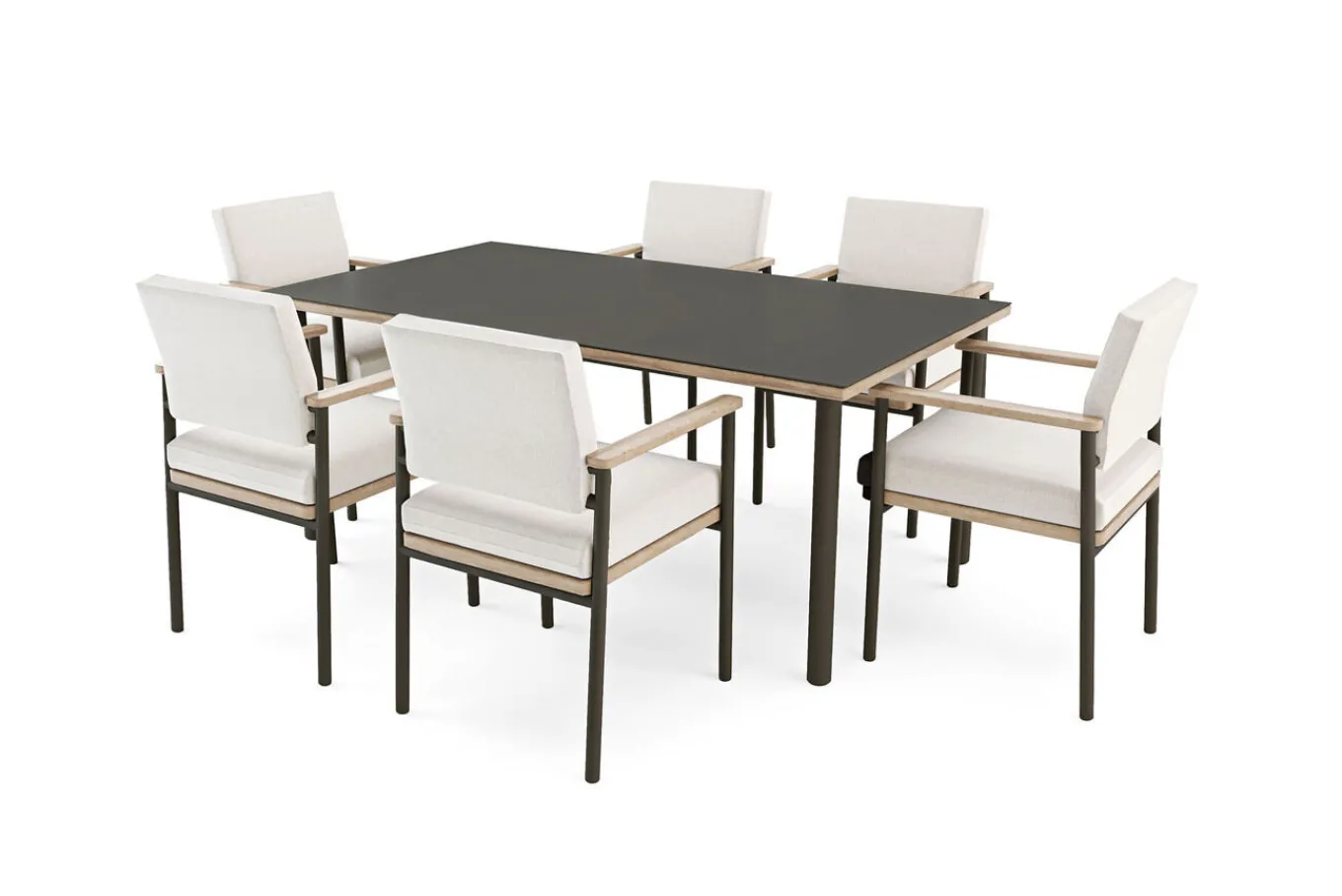 Online Lunare Garten-Essgruppe, cashmere sand/anthrazit, Alu/Holzdekor/Glas, 180 x 100 cm, 6 Sessel, Quick Dry Foam Garten-Essgruppen