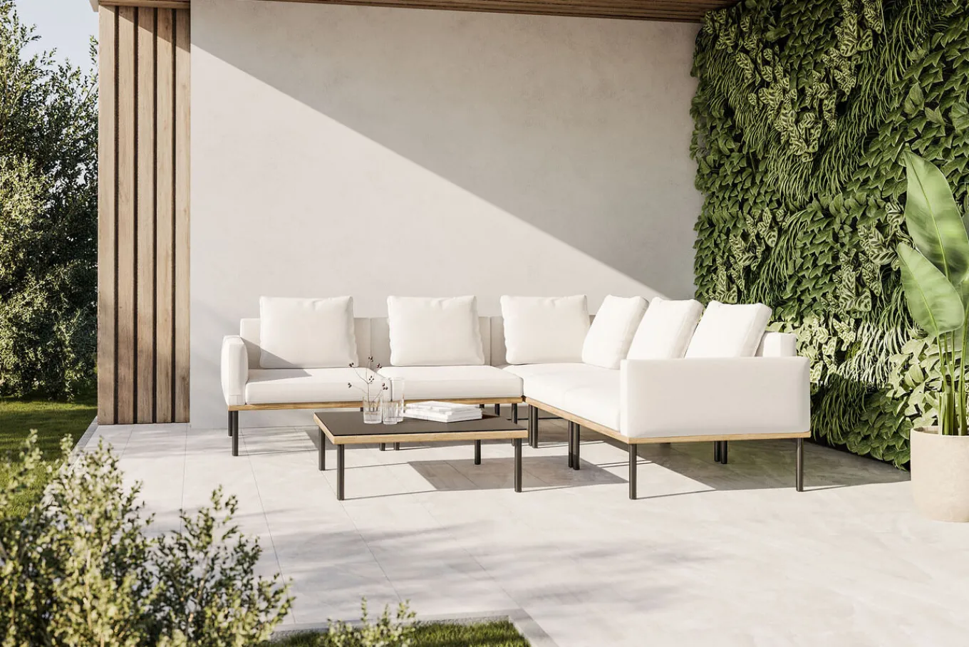 Outlet Lunare Light Gartenlounge, cashmere sand/anthrazit, Aluminium, Tisch 86 x 86 cm, Holzdekor, Quick Dry Foam Gartenlounge