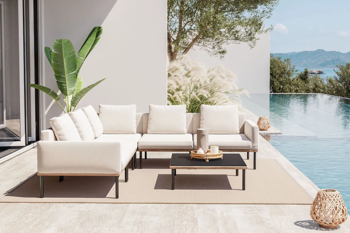 Outlet Lunare Light Gartenlounge, cashmere sand/anthrazit, Aluminium, Tisch 86 x 86 cm, Holzdekor, Quick Dry Foam Gartenlounge