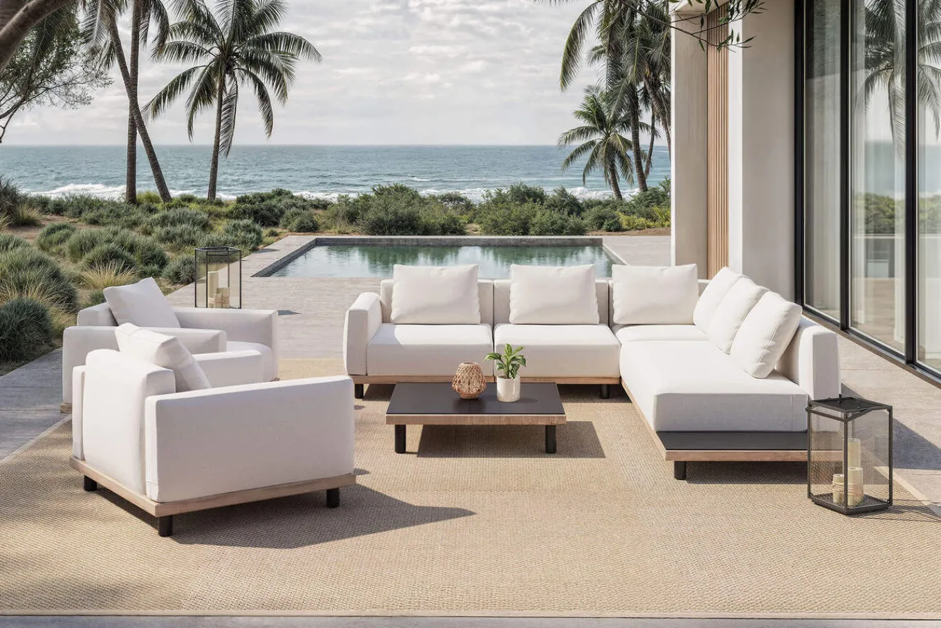 Discount Lunare XL Gartenlounge, cashmere sand/anthrazit, Aluminium, mit Holzdekor, Tisch 90 x 90 cm, Quick Dry Foam, inkl. Kissen Gartenlounge