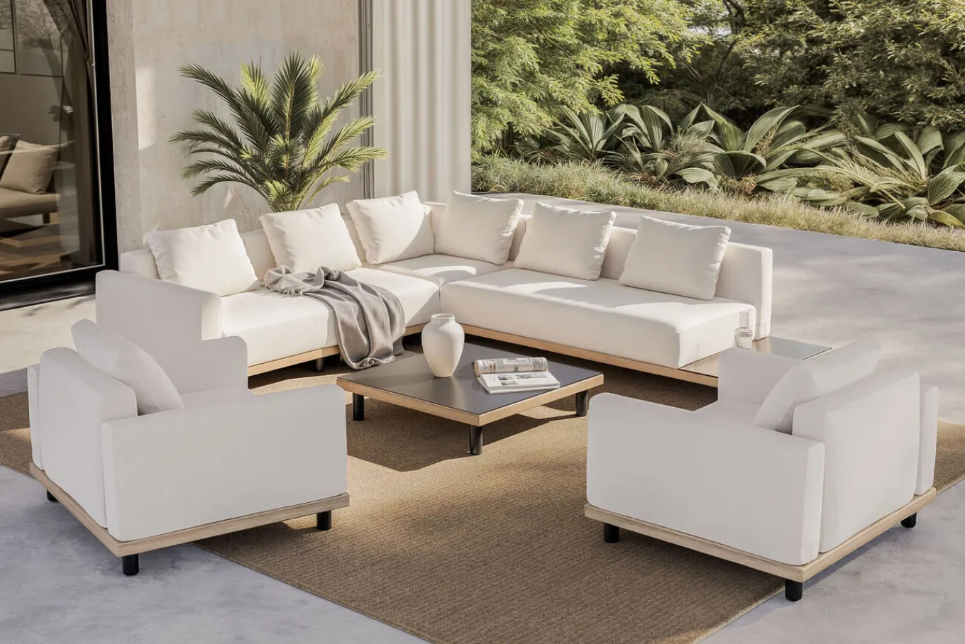 Discount Lunare XL Gartenlounge, cashmere sand/anthrazit, Aluminium, mit Holzdekor, Tisch 90 x 90 cm, Quick Dry Foam, inkl. Kissen Gartenlounge