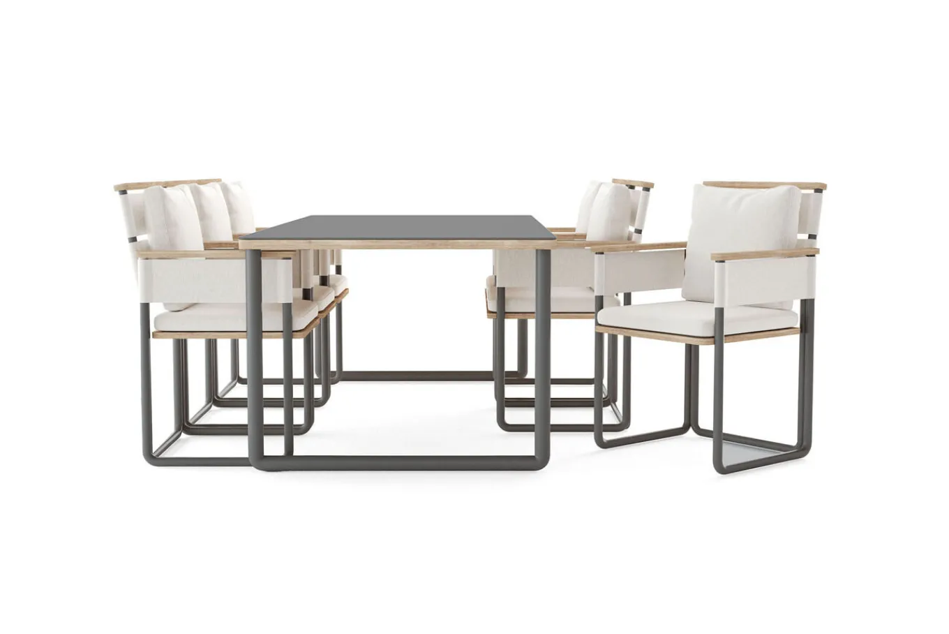 New Reverie Garten-Essgruppe mit 6 Sesseln, anthrazit/creme, Alu/Polyester/Rope, 200 x 100 cm, Holzoptik, inkl. Polster Garten-Essgruppen