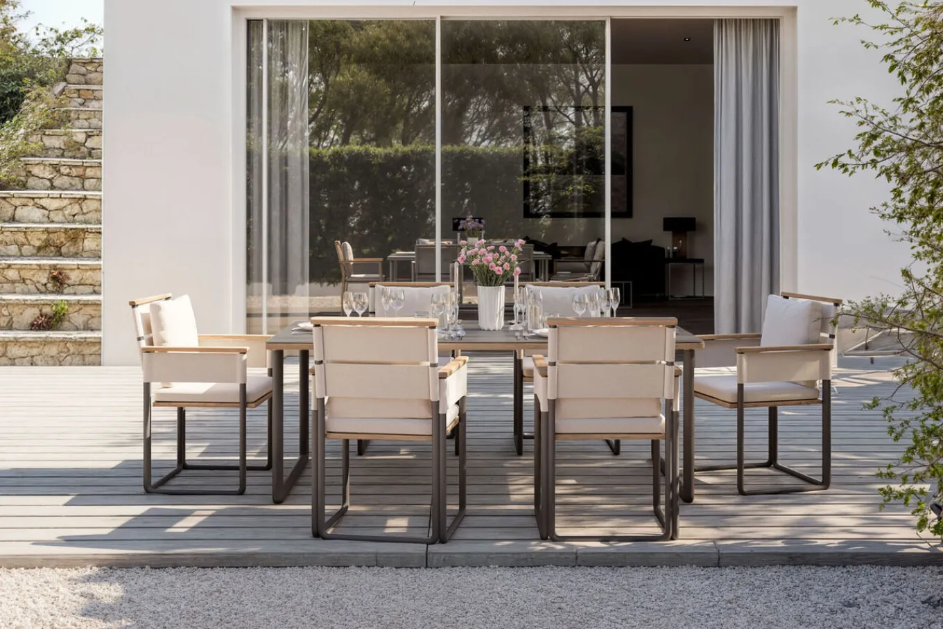 New Reverie Garten-Essgruppe mit 6 Sesseln, anthrazit/creme, Alu/Polyester/Rope, 200 x 100 cm, Holzoptik, inkl. Polster Garten-Essgruppen