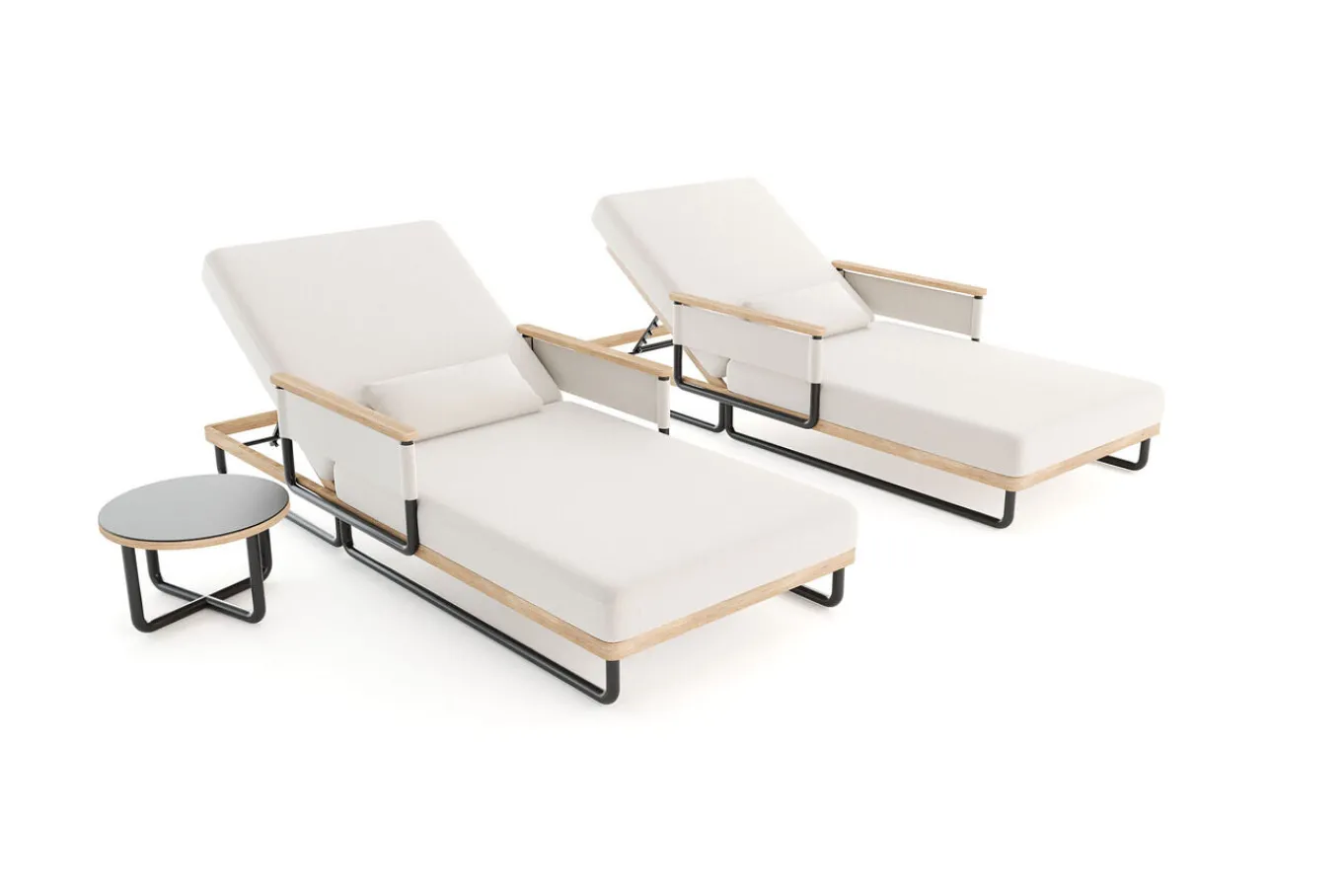 Reverie Gartenliegen 2er Set, creme/anthrazit, Aluminium/Polyester, Holzdekor, 200 x 82 cm, verstellbar, inkl. Beistelltisch Gartenliegen
