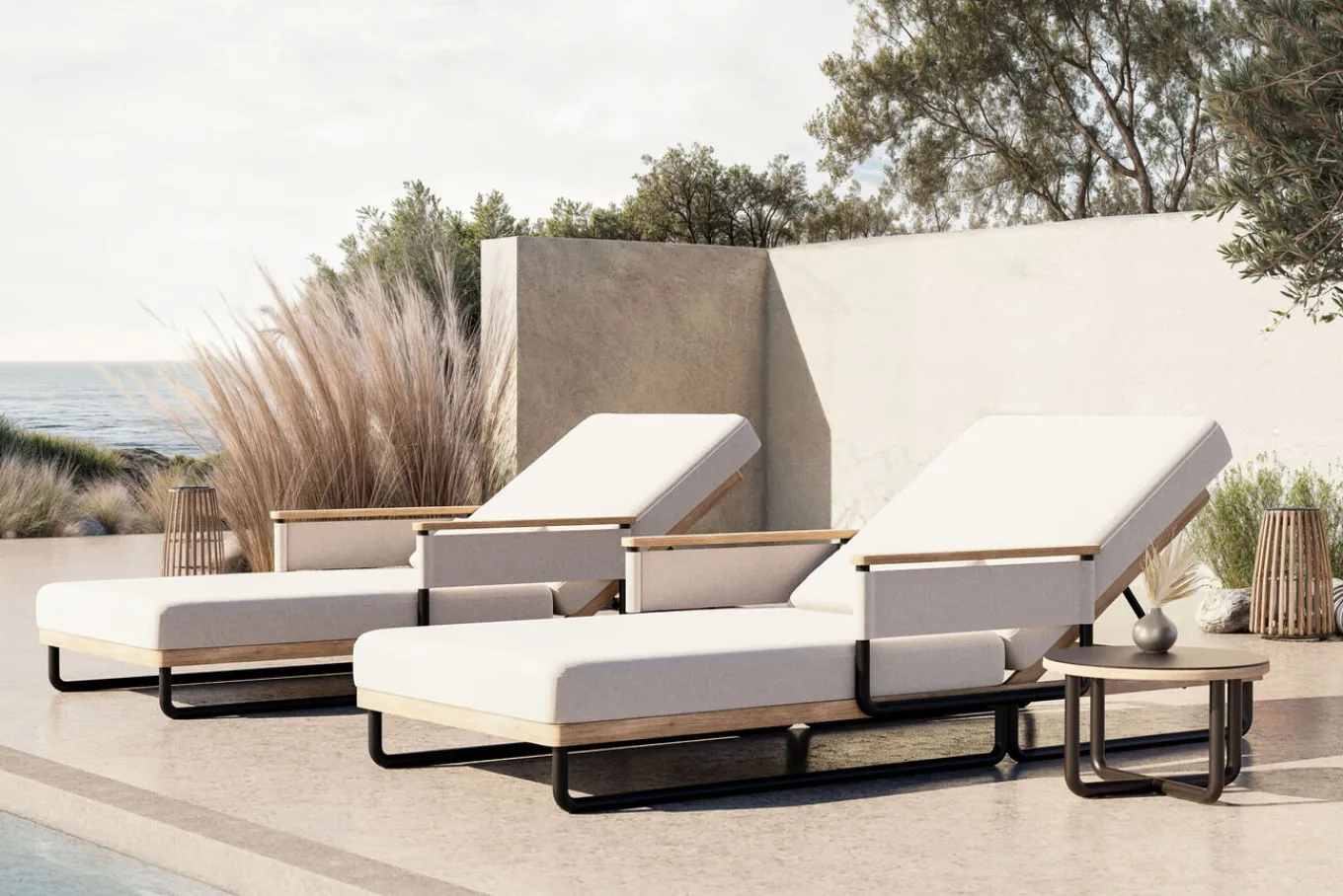 Reverie Gartenliegen 2er Set, creme/anthrazit, Aluminium/Polyester, Holzdekor, 200 x 82 cm, verstellbar, inkl. Beistelltisch Gartenliegen