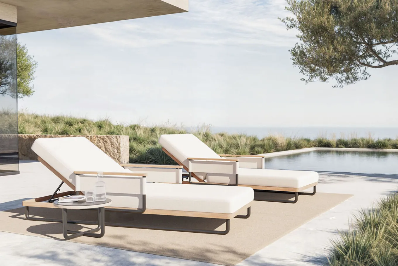 Reverie Gartenliegen 2er Set, creme/anthrazit, Aluminium/Polyester, Holzdekor, 200 x 82 cm, verstellbar, inkl. Beistelltisch Gartenliegen